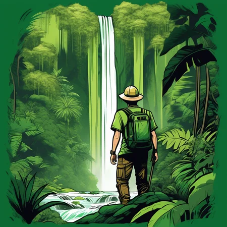 Adventure T-shirt, Explorer Character, Jungle Waterfall Landscape, Lush Green Color Palette, Leafy Texture, Pen and Ink Style, Diagonal Perspective
,T shirt design,TshirtDesignAF,
<lora:TShirtDesignRedmondV2-Tshirtdesign-TshirtDesignAF:1>
