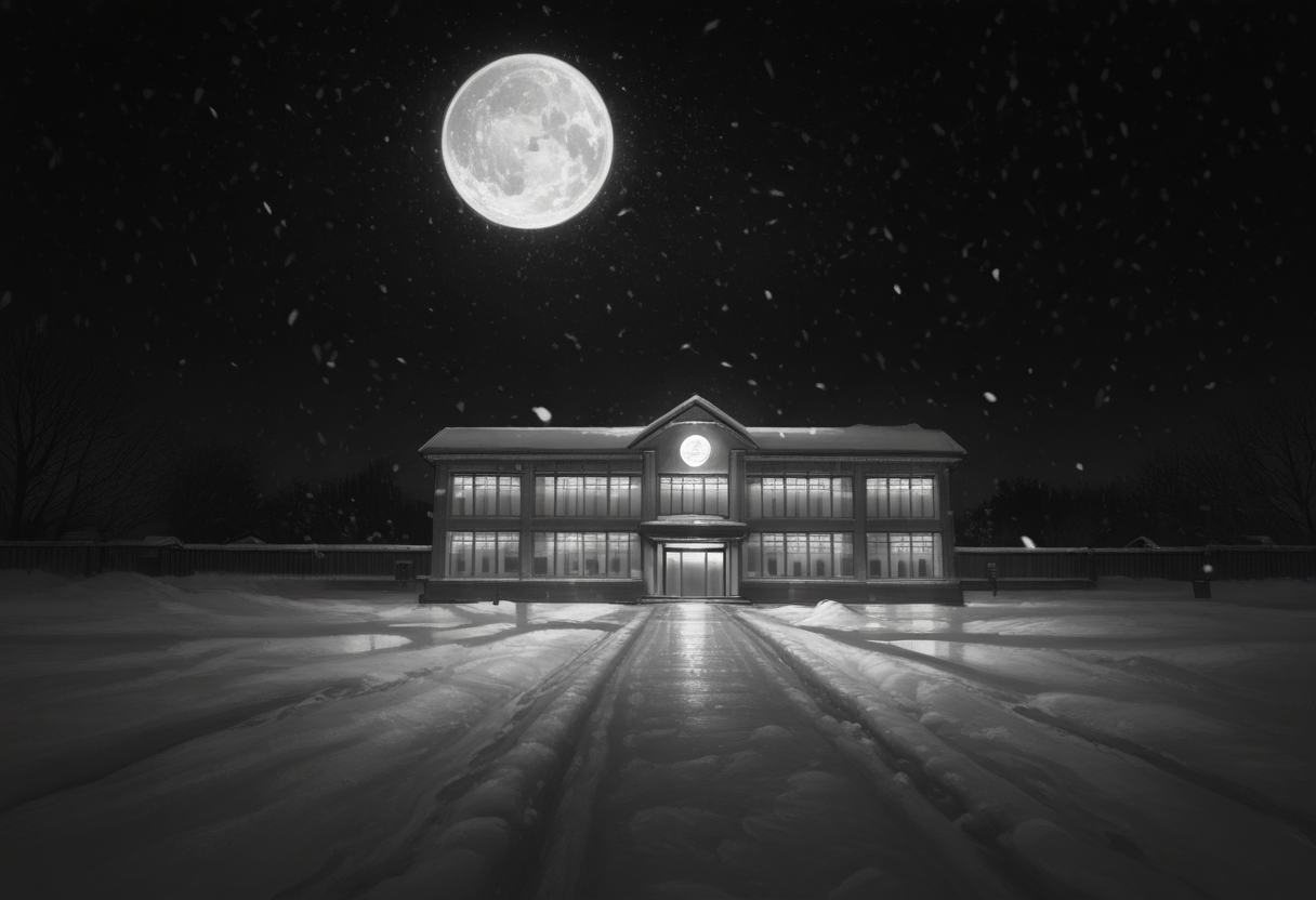 Graphic Design, greyscale, monochrome, intricate details, high contrast, detailed background, beautiful detailed, beautiful face, detailed eyes, detailed face, new, z41ch1k, building focus, no humans, scenery, very aesthetic, school, night, moon, stars, winter, snow, snowing, building, (masterpiece, best quality, newest, recent, absurdres), 