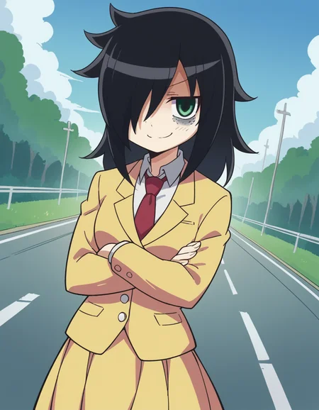 score_9, score_8_up, score_7_up, source_anime, <lora:tomoko-kuroki-s1-ponyxl-lora-nochekaiser:1>, tomoko kuroki, long hair, black hair, green eyes, hair over one eye, bags under eyes,, skirt, school uniform, necktie, blazer,, bridge, connection, water, road, cars, , crossed arms, smug, looking at viewer, solo,, dutch angle, cowboy shot