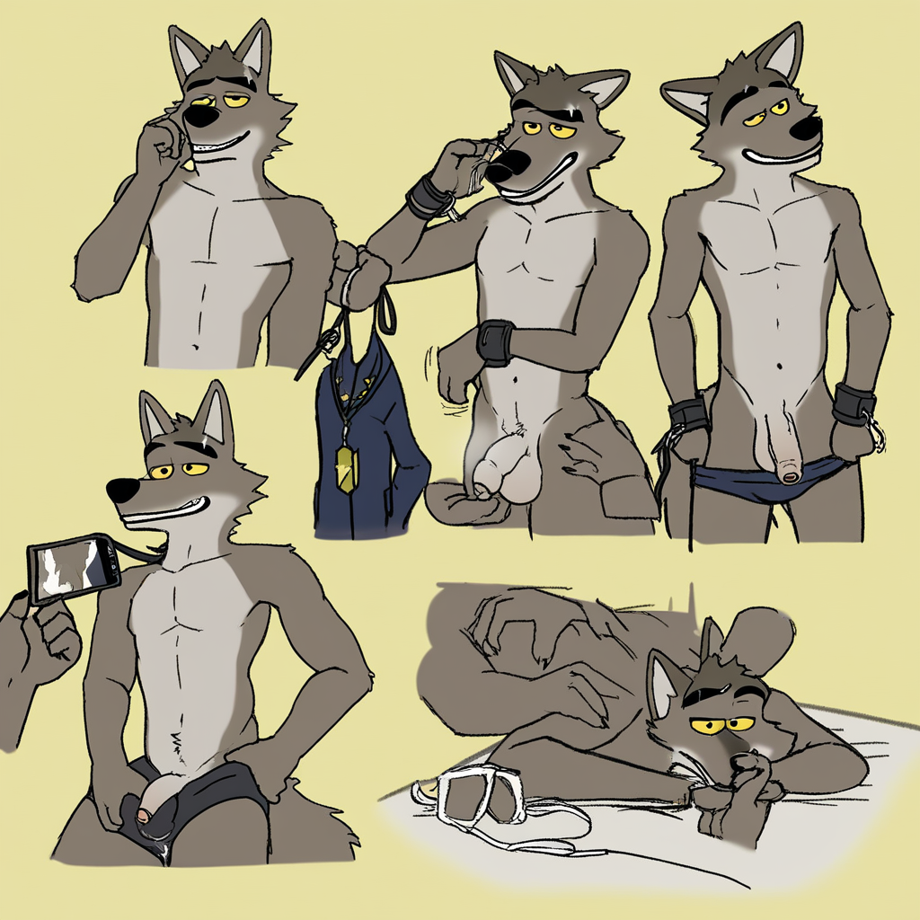 holding removed eyewear, foreskin, no shirt, pectoral focus, sketch, police uniform, object insertion, animal ears, disembodied limb, cuffs, male underwear pull, adjusting eyewear, phone, on bed, long sleeves, asphyxiation, topless male, yellow background, Mr.Wolf_the_Bad_Guys, wet, hands on own hips, leash