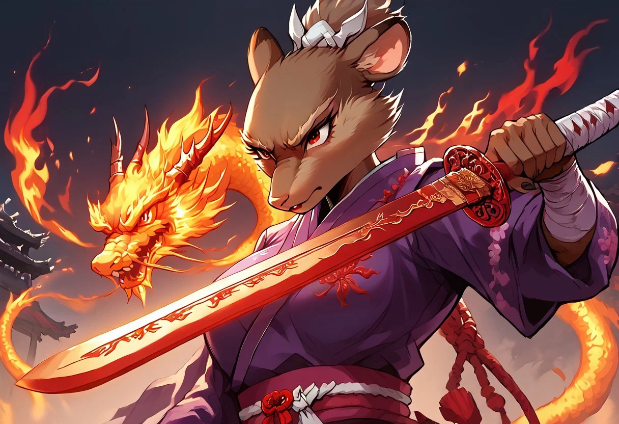 by e-zoid, score_9, score_8_up, score_7_up, high quality, Expressiveh, chinese temple, close view,
1girl, Fem_splinter, furry female, rodent, red eyes, brown fur, brown skin, kimono, bandages, big breasts, focused face, fighting stance, wielding sword, fire sword, fire dragon swirling around the blade, chinese symbol on sword, Dragon Samurai,