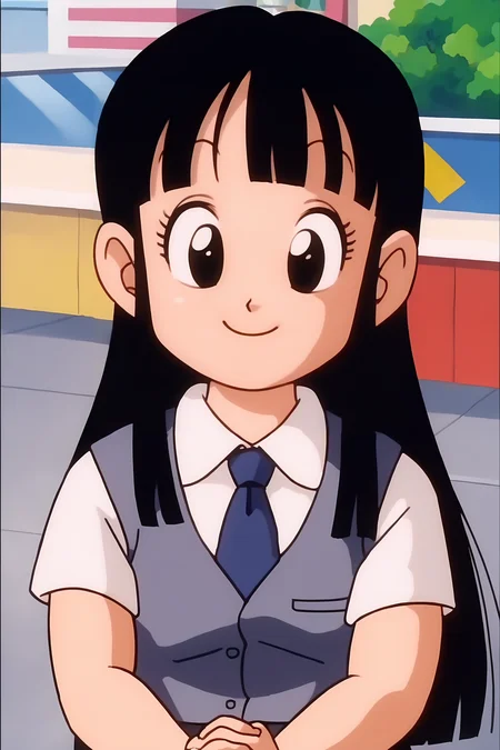 source_anime, score_9, score_8_up, score_7_up, anime screencap, absurdres, 
chi-chi, aged down, female child, 1girl, solo, long hair, blunt bangs, smile, black hair, black eyes, white collared shirt, necktie, city, dappled sunlight, short sleeves, own hands together, upper body, from above, 
<lora:chichi_v1:0.8>