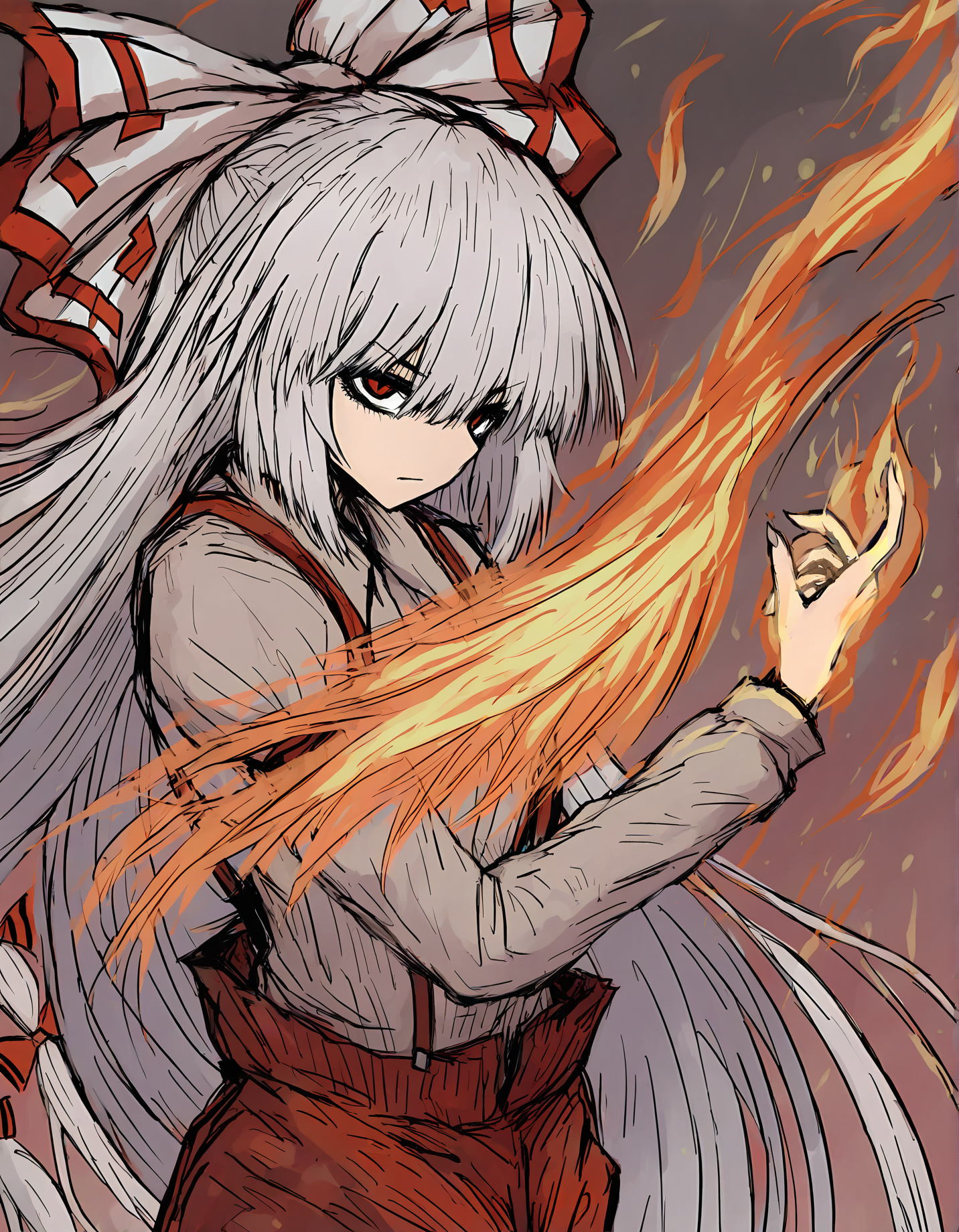 sushi yuusha toro, 1girl, solo, fujiwara no mokou, fire, flaming hand,
very awa, masterpiece, best quality, year 2024, newest, highres, absurdres, <lora:black-souls-style-noobai-vpred10-v4:1>