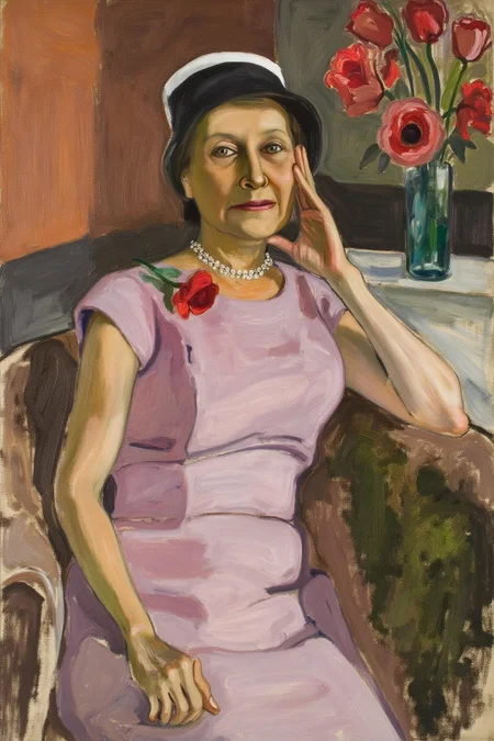 aliceneel1 painting. 
A middle-aged woman is seated in a relaxed pose, leaning her head on her hand with an introspective expression. She is dressed in a light pink, short-sleeved dress and a hat.
 <lora:aliceneel1_cap_d6a3e12:1.0><lora:842435445729194050:0>