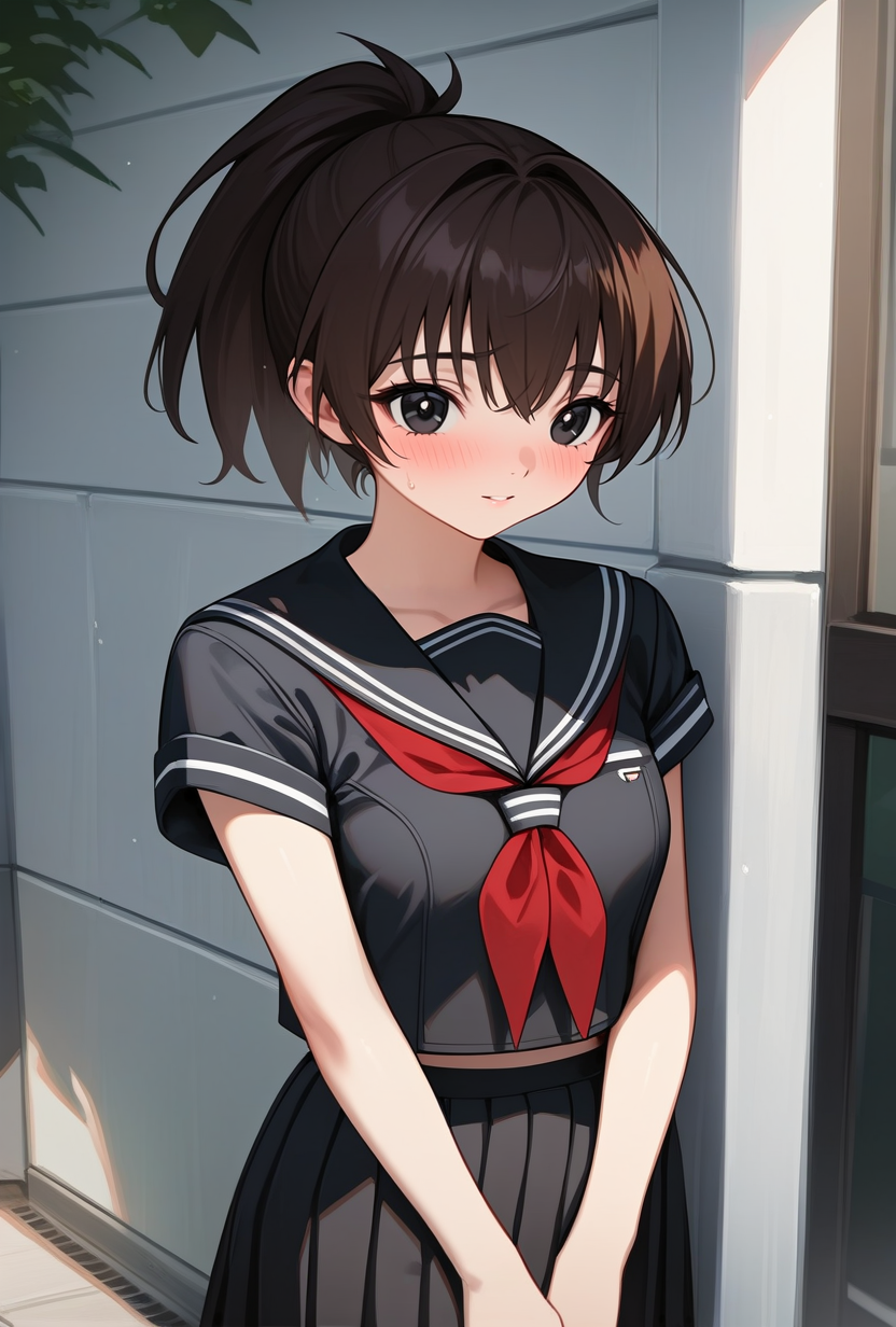 masterpiece, best quality,very aesthetic,absurdres,highres,high detailed skin,extremely detailed eyes and face,High quality shadow,school uniform, serafuku, black sailor collar, red neckerchief, black shirt, black skirt,  <lora:kozuemukai_animagin:1> mmkozue, ponytail, brown hair, short hair, black eyes, 
cowboy shot, standing, outdoors,