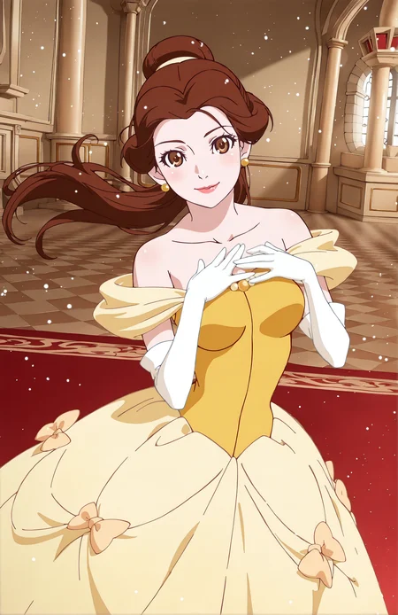 1girl, medium breasts, bow, brown hair, brown eyes, yellow dress, off-shoulder dress, white shirt, long dress, elbow gloves, jewelry, ponytail, single hair bun, lipstick, floating hair, makeup, light smile, dutch angle, cute pose, happy, , looking at viewer, princess castle, indoors, elegant room, portrait, dynamic pose, cowboy shot, hand on chest, head tilt, light particles, from side