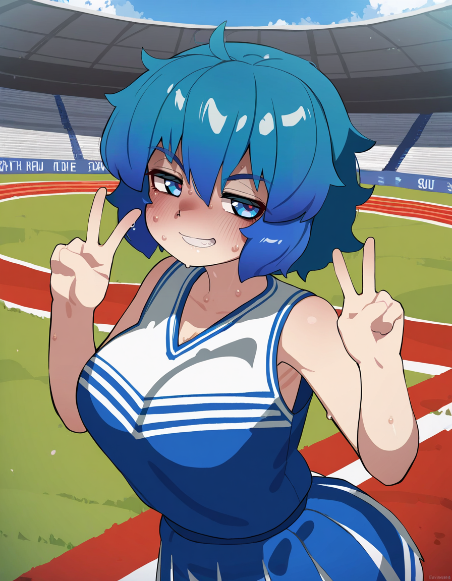 masterpiece, best quality, very aesthetic, uncensored,outdoors,stadium, kashu \(hizake\), mizumizuni, 
BREAK
1girl, blue eyes,large breasts,  blue hair, short hair, messy hair, hair between eyes, umacheer, blue shirt, blue skirt, cheerleader, looking at viewer, standing, double v, pleated skirt, shirt tucked in, seductive smile, 
<lora:umacheer-ill-fandingo:0.8>