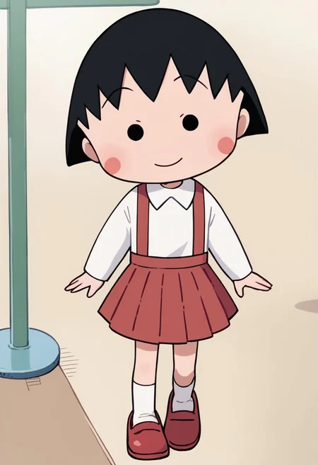 score_9, score_8_up, score_7_up BREAK ChibiMaruko, 1girl, black bobcut, black dot eyes, pink circle blush, long-sleeved white shirt, red suspenders, red pleated skirt, white socks, flat red shoes, smiling at viewer, full body,