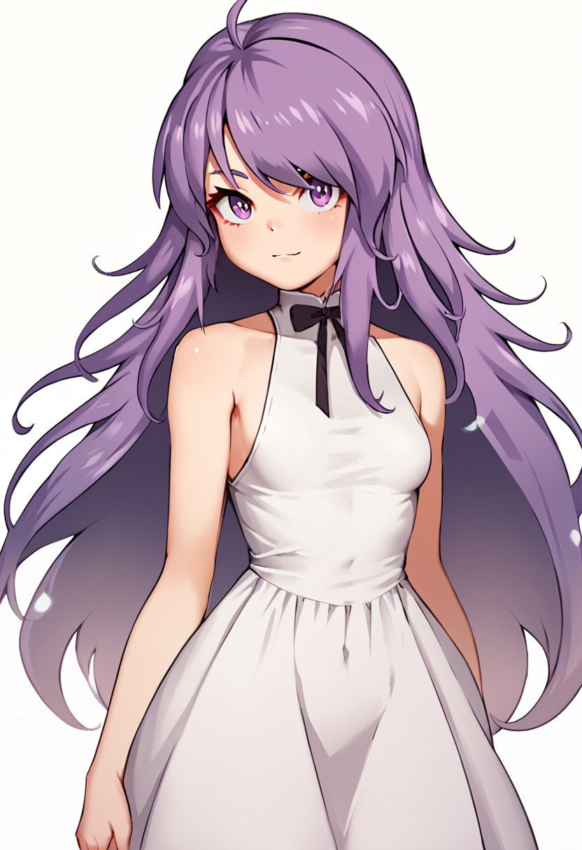score_9, score_8_up, score_7_up, 1girl, VioletSOL, purple hair, purple eyes, ahoge, long hair, small breast, big ass, big hips, white dress, standing, looking at viewer, white background