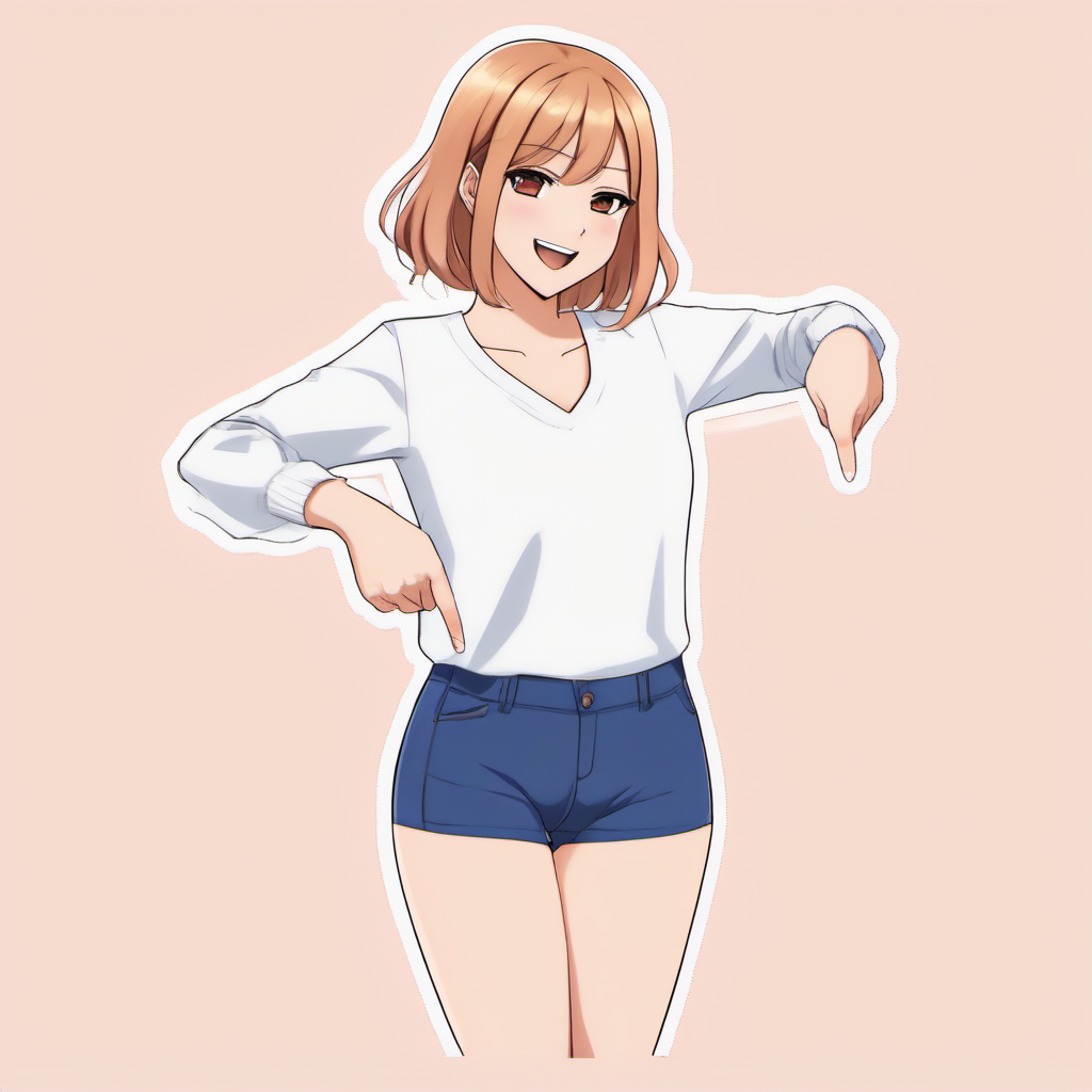 pointingdown, 1girl, pointing down, legs hidden, no background, <lora:pointingdown:1>, two hands pointing, smile, open eyes, Bright Colors, Animated, Animation, Cartoon, Anime, Anime Face, Waifu, 2D, Visual Novel, Manga, Comic, Cel-Shaded, (Medium Breasts:1.1), (Cleavage:1.1), (Mature Female:1.1)