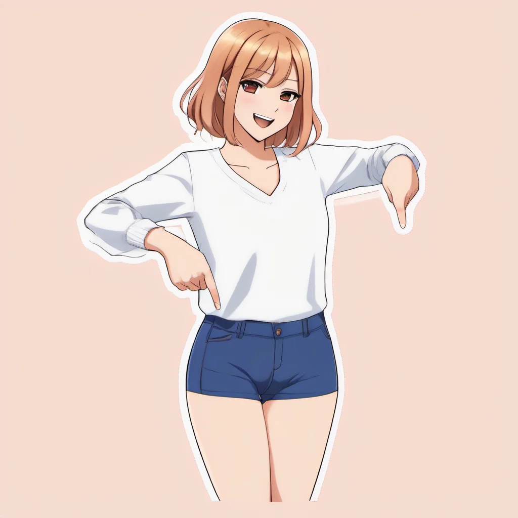 pointingdown, 1girl, pointing down, legs hidden, no background, <lora:pointingdown:1>, two hands pointing, smile, open eyes, Bright Colors, Animated, Animation, Cartoon, Anime, Anime Face, Waifu, 2D, Visual Novel, Manga, Comic, Cel-Shaded, (Medium Breasts:1.1), (Cleavage:1.1), (Mature Female:1.1)