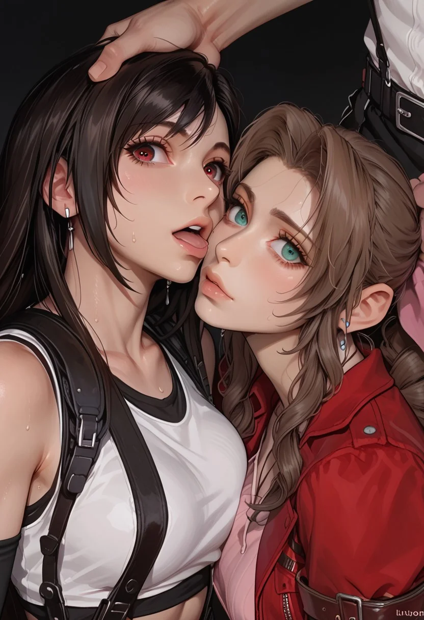 (score_9, score_8_up, score_7_up), Expressiveh, (2girls side on side, Tifa Lockhart, Aerith Gainsborough, different faces, ffm threesome:1.2), dynamic angle, from above, sexy pose, kawaii girl, (deepthroat:1.1), pov (head grab:1.2), looking at viewer, big eyes, slim body, sweat