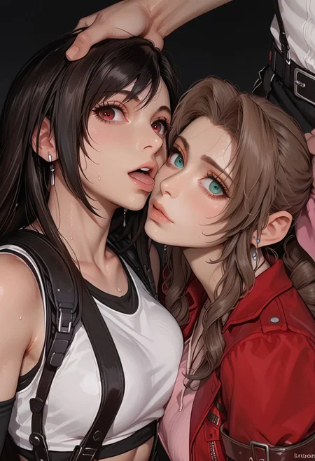 (score_9, score_8_up, score_7_up), Expressiveh, (2girls side on side, Tifa Lockhart, Aerith Gainsborough, different faces, ffm threesome:1.2), dynamic angle, from above, sexy pose, kawaii girl, (deepthroat:1.1), pov (head grab:1.2), looking at viewer, big eyes, slim body, sweat