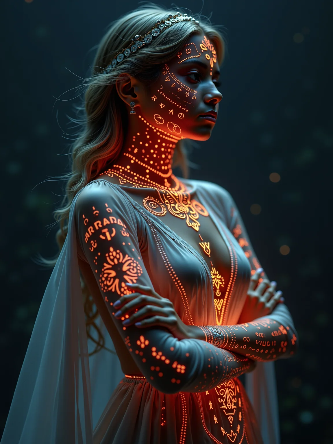 a woman has her arms crossed, she is wearing a silky dress that is floating in the air, the is covered in glowing celtic runes, the runes form the text reading "ARCANE GLOW" <lora:arcane-symbols-flux:1.0> mad-arcnsmbls
