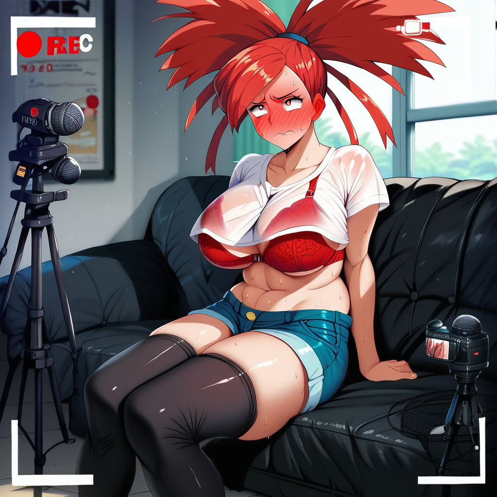 Artist Style:urushihara_satoshi, score_9, score_8_up, score_7_up, rating_explicit, castingxl, c4stingc0uch, (recording), Flannery\(Pokemon\), (red hair), 1woman, shy, blushing, see-through, crop_top, red bra, denim, shorts, thighhighs, socks, sitting, full-face blush, on couch, recording, (media player interface), battery indicator, Scenery, indoors, casting_couch, boom microphone, tripod, teasing, pouting, expressive,thigh_highs, huge breasts, navel,