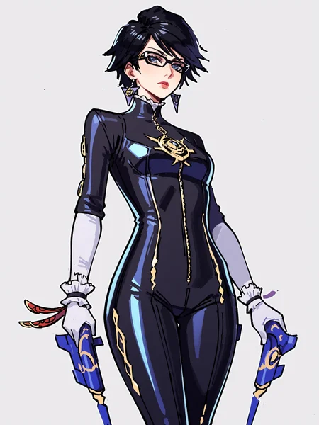 score_9, score_8_up, score_7_up, score_6_up, score_5_up, score_4_up,
BREAK
1girl, bayonetta, black hair, blue eyes, short hair,
BREAK
solo, standing, black latex bodysuit,
BREAK
white background, simple background, angled shot, dynamic pose, dynamic angle, <lora:Lunas-KaatokunArt-SDXL-A1:1>