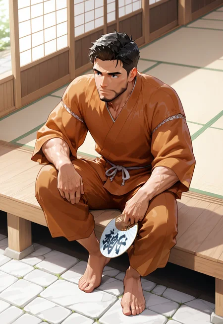 score_9, score_8_up, score_7_up, score_6_up, perfect anatomy, perfect proportions, best quality, masterpiece, high_resolution, high quality, aesthetic, absurdres, (male focus, solo male, adult, mature, masculine, manly, virile, hunky, macho, beefy, gay, homo, bara), handsome, charming, alluring, heroic, triumphant, grim, stern, BREAK (asian male, japanese male:1.3), black eyes, black hair, short hair, facial hair, beard, fit, BREAK Hannekenjinbei, japanese clothing, brown jinbei, jinbei_yarn_knitting_on_sleeves, detached_jinbei_sleeves, wide_jinbei_sleeves, short_jinbei_sleeves, side-knot closure clothing, hanzubonhalf, jinbei half pants, barefoot, sitting on tatami floor, relaxed pose, leaning slightly, holding fan, Uchiwa, shouji, veranda, knee up, contemplative expression, guarded posture, view from above, blurred background, indoors, japanese garden, nature, japanese architecture, washitsu, engawa, movie still, perfect face, vibrant, vivid, stardom, glamorous, retro, old fashioned, old technicolor film style, film grain, aged film stock, extraordinary achievement, award-winning, expressionist, cinematic, cinematic still, emotional, harmonious, vignette, bokeh, cinemascope, moody, epic, gorgeous