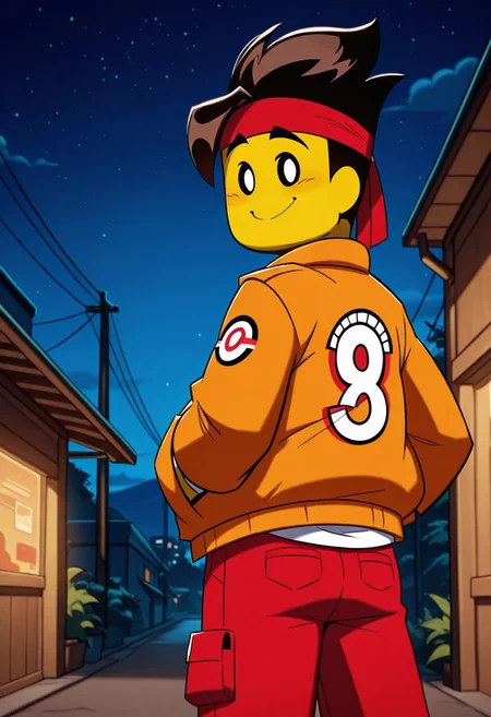 score_9, score_8_up, score_7_up, MKAY, 1boy, solo, brown hair, yellow skin, Orange jacket, red pockets, white shirt, red trousers, red headband, looking back, from behind, smile, outdoors, night