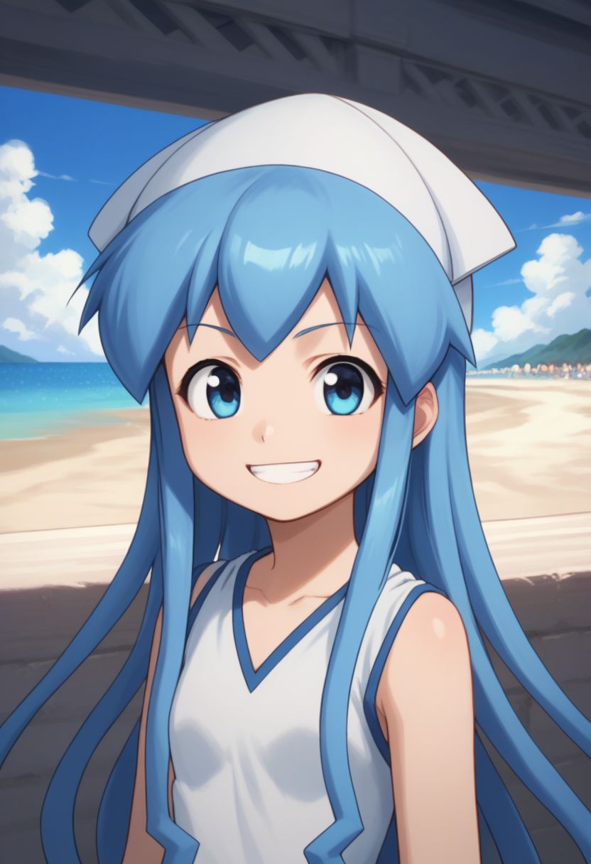 score_9, score_8_up, score_7_up, source_anime, highly detailed, 
ika, 1girl, solo, blue eyes, blue hair, hat, tentacle hair, long hair, dress, bracelet, jewelry, upper body, smile, grin, big smile,
outdoor, beach, sky, cloud,