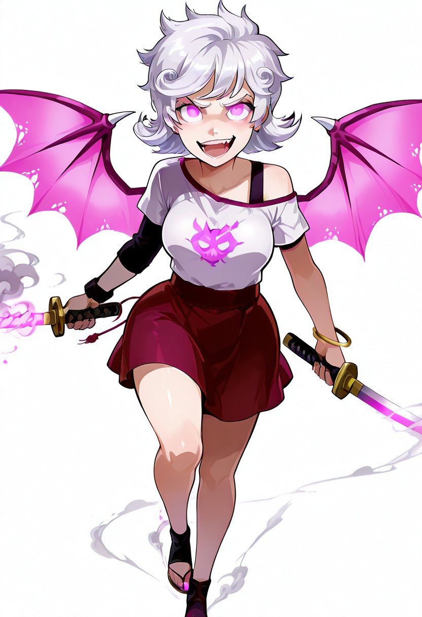 score_9_up, score_8_up, score_7, score_6_up, detailed, high_quality, source_anime, best quality, masterpiece, high detail, vibrant colors, best quality rendering, intricate details, high resolution, best render quality, official art, simple background, 1girl, grinning, laughing, open mouth, <lora:0hu_ton:.5> 0huton_illu , <lora:gaku:.5>, <lora:Homestuck2_style:.1> Homestuck^2_style, <lora:tsubura:.4> , pale hair, short hair, curly hair, solo,looking at viewer, pink draconic eyes, glowing eyes, dynamic lights, asymmetrical sleeves, white t-shirt, short sleeves, short skirt, big breasts, thick hips, dragon wings, smoke effects in feet and arms, bangle, single bare shoulder, sexy, fighting stance, holding a katana, smoke effects, lots of smoke and mist, fire balls from her mouth, dragon vibes, <lora:lunatic_Yokai-style:1> lunatic_yokai, close view,