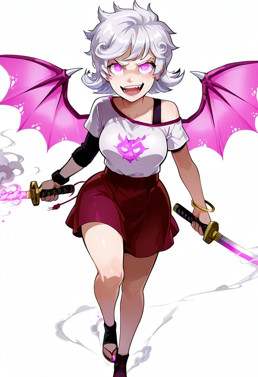 score_9_up, score_8_up, score_7, score_6_up, detailed, high_quality, source_anime, best quality, masterpiece, high detail, vibrant colors, best quality rendering, intricate details, high resolution, best render quality, official art, simple background, 1girl, grinning, laughing, open mouth, <lora:0hu_ton:.5> 0huton_illu , <lora:gaku:.5>, <lora:Homestuck2_style:.1> Homestuck^2_style, <lora:tsubura:.4> , pale hair, short hair, curly hair, solo,looking at viewer, pink draconic eyes, glowing eyes, dynamic lights, asymmetrical sleeves, white t-shirt, short sleeves, short skirt, big breasts, thick hips, dragon wings, smoke effects in feet and arms, bangle, single bare shoulder, sexy, fighting stance, holding a katana, smoke effects, lots of smoke and mist, fire balls from her mouth, dragon vibes, <lora:lunatic_Yokai-style:1> lunatic_yokai, close view,