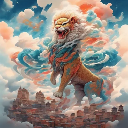 an image of a colorful dance lion ,colorful cloud around the lion, on the mountain, trees, buildings, SF_Carton style,carton, four legs<lora:0208_sprint_festival-checkpoint-8000:1>