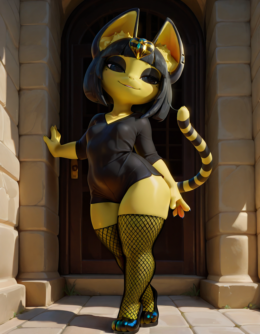 masterpiece, best quality,
outdoors,
full body, seductive smile, parted lips, long eyelashes,
standing, posing,casual, 
<lora:Goth_Ankha_v01_ILXL:1>,
Goth_Ankha,1girl,solo,furry female,cat girl,black eyes,mole under eye,short hair,blunt bangs,sidelocks,black hair,bob cut,animal ears,cat tail,striped tail,cat ears,body fur,yellow fur,animal nose,egyptian,fishnets,thighhighs,snake hair ornament,