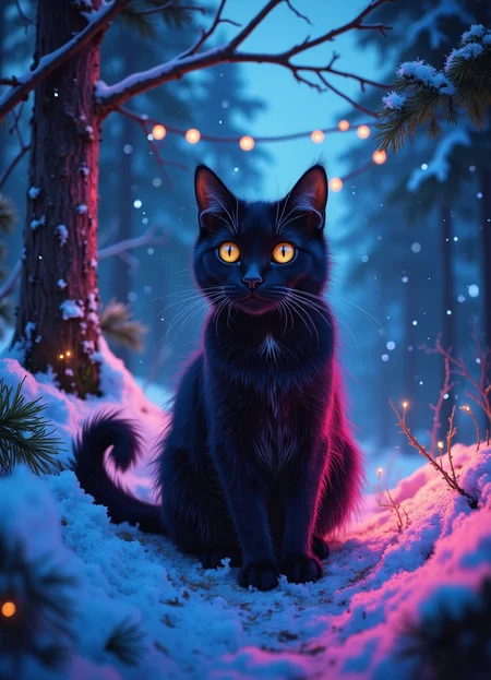 cinematic photo (extreme wide-angle fisheye camera:1.9), (black cat:1.1), winter night, snow, forest, (neon line art:0.9), realistic,  . 35mm photograph, film, bokeh, professional, 4k, highly detailed
