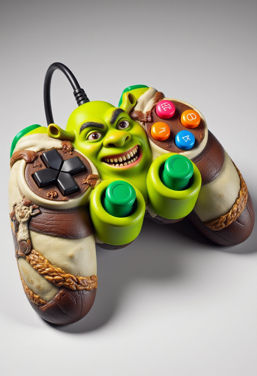 <lora:Player_2_Game_Console_Controller_FLUX-000019:0.9>
This is a high-resolution photograph of a colorful, custom-designed video game controller. The controller is styled to resemble Shrek.