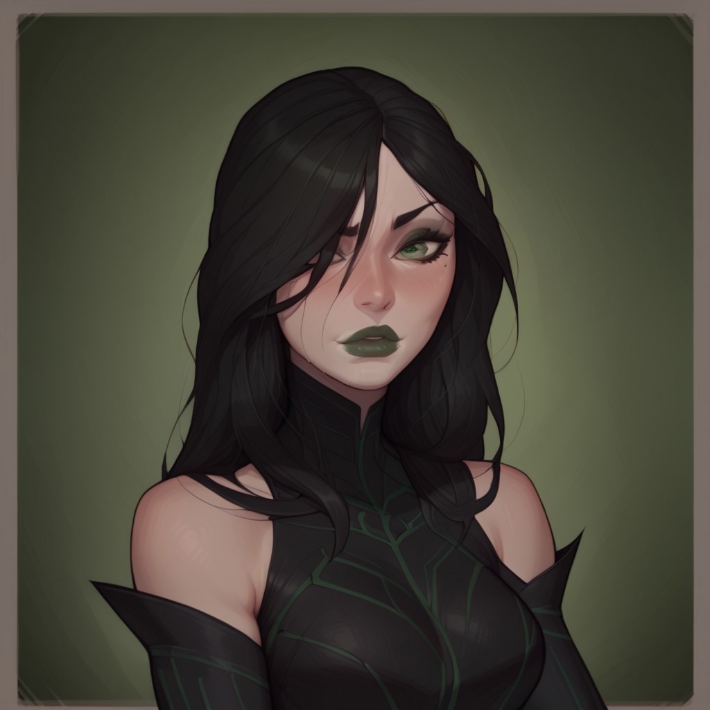 safe_pos, safe_pos, masterpiece, best quality, solo, 1girl, 35 year old woman , beautiful face, realistic face , Hela, long hair, black hair, bodysuit, black bodysuit, bare shoulders, green eyes, dark eyeshadow ,hair over one eye, muscular , dark green lipstick, black hair,  Seductive, 

 Expressiveh
