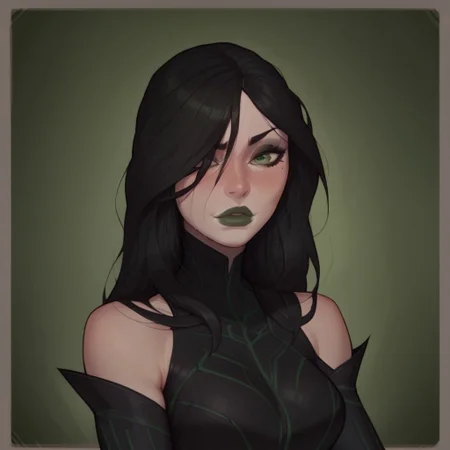 safe_pos, safe_pos, masterpiece, best quality, solo, 1girl, 35 year old woman , beautiful face, realistic face , Hela, long hair, black hair, bodysuit, black bodysuit, bare shoulders, green eyes, dark eyeshadow ,hair over one eye, muscular , dark green lipstick, black hair, Seductive,
Expressiveh