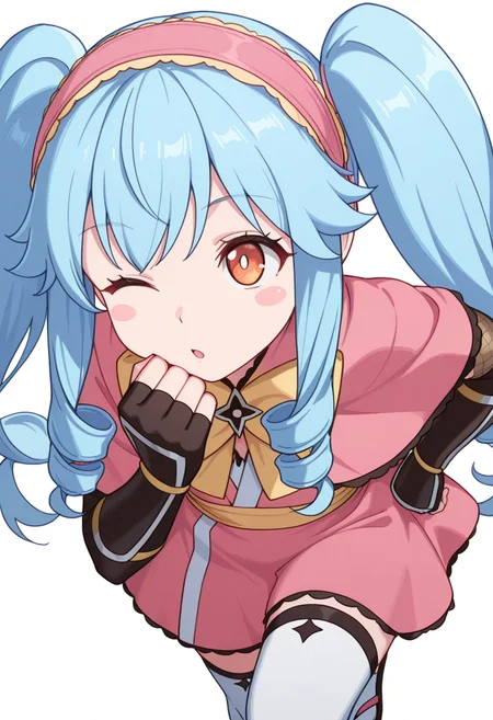 masterpiece,high quality details, absurdres, 
one leg crossed over other while seated, elbow on knee, chin on fist  ,
 <lora:Michiru_Kusagakure:0.8>
ninja,michiru_cnr, 1girl, blue hair, long hair, twintails, drill hair, sidelocks, orange eyes, blush stickers,
dress, pink capelet,fingerless gloves, elbow gloves, white thighhighs, hairband, yellow bow,yelow armlet,, ;o,, simple background, white background, from above,solo,