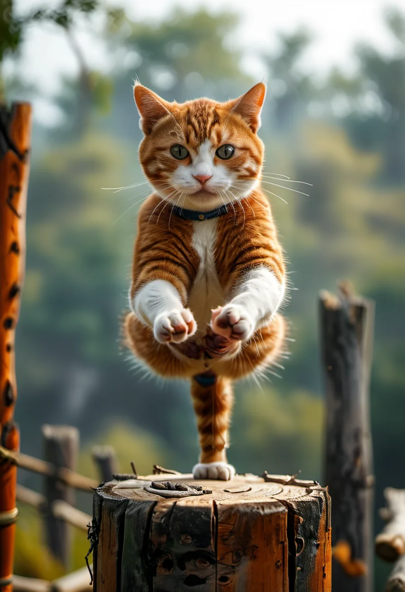 master shaolin cat training on top of high wooden poles in the nature, fight pose in midair motion blur, slowmotion Exquisite detail, 30-megapixel, 4k, 85-mm-lens, sharp-focus, f:8, ISO 100, shutter-speed 1:125, diffuse-back-lighting, award-winning photograph, small-catchlight, High-sharpness, 8k