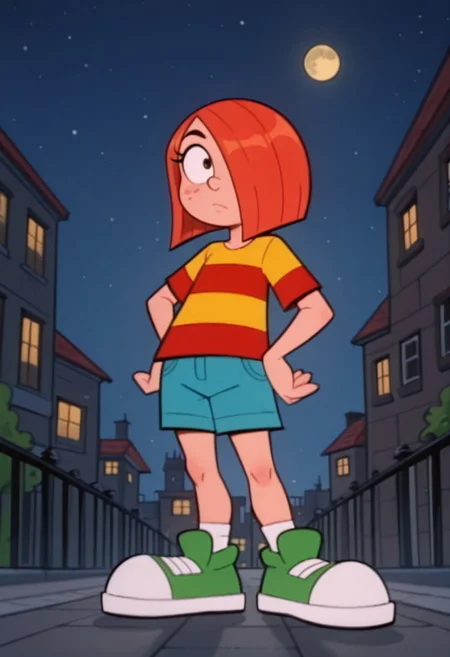 score_9, score_8, score_7_up, source_cartoon, orginal source, parody highres, absurdres, masterpiece, highly detailed, rating_safe, solo, BREAK,
WACGRANDD, 1girl, red hair, hair over one eye, orange hair, shirt, red shirt, yellow shirt, striped shirt, striped, blue shorts, green shoes, shorts, shoes,
standing, hands on hip, UPPER body, cowboy shot, cityscape, sky, alleyway, night, moon stars, close-up shot, face focus, female focus,