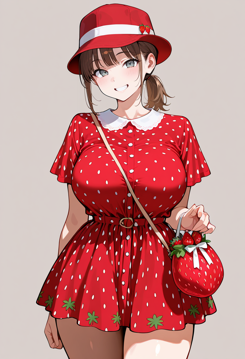 masterpiece, best quality, amazing quality, simple background,((outlined outlined vector graphics)),  detailed background,
 ,  looking at viewer ,cowboy shot, front view ,  looking at viewer 
1girl, 20yo, brown hair, gray eyes, (large breast:1), (ponytail:1.1), medium hair,(curvy:1.1),bangs , cute face, smile , grin ,strawberry bag, strawberry, strawberry-gothic-dress red dress, clothed, red headwear, short sleeve <lora:strawberry-gothic-il-01:0.8>
