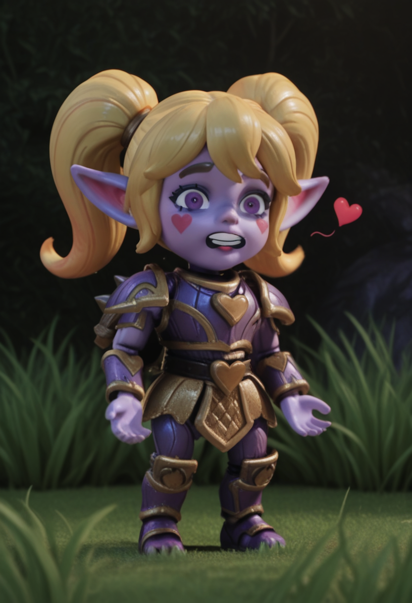 r0b0style, 3d figure,   masterpiece, best quality, solo,                        poppy \(league_of_legends\), blonde hair, armor, purple skin, love hearts,  seated on grass,  silly expression, grassy fantasy background