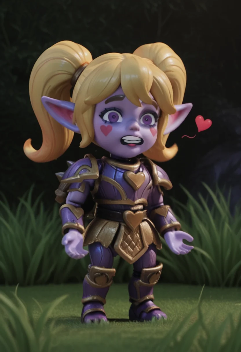 r0b0style, 3d figure, masterpiece, best quality, solo, poppy \(league_of_legends\), blonde hair, armor, purple skin, love hearts, seated on grass, silly expression, grassy fantasy background