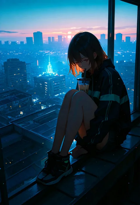 1girl, anime style, sitting, rooftop sky park, twilight, futuristic skyline, dangling legs, bubble tea, glowing city lights, digital koi, soft holograms, pastel sky, peaceful, cozy atmosphere, modern aesthetic, magical realism, makoto shinkai style, cinematic lighting, volumetric lighting, photo background, ultra-detailed, absurdres, highres, hdr, 8k, masterpiece, best quality, very aesthetic, newest, wide shot
BREAK, photorealistic, ,  volumetric lighting, dappled light, light particles, , cinematic lighting, photo background,
easynegative, negative_hand, usnr, 748cmstyle
