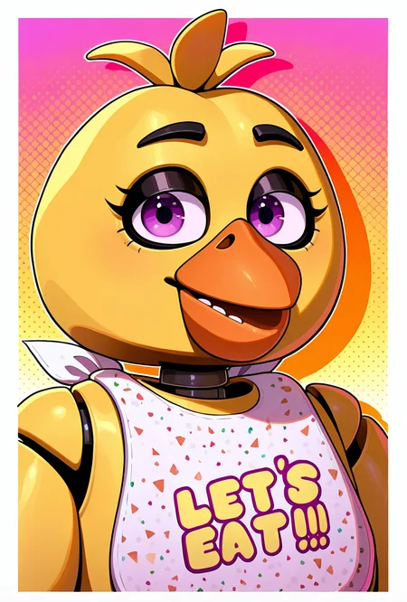 <lora:chica-10:1> chica, 1girl, beak, bib, purple eyes, joints, animatronic,, masterpiece, best quality, amazing quality, very aesthetic, absurdres, newest,, upper body, halftone effect, white borders, abstract background:1.2,
