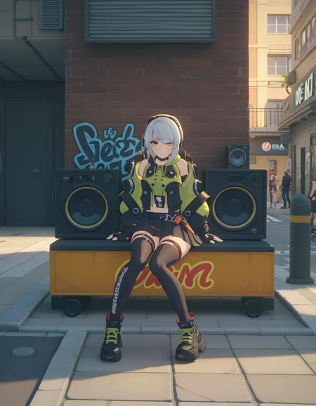 score_9, score_8_up, score_7_up, <lora:zzz-pack-v5-ponyxl-000030:0.9> 1girl, solo,
zzzanby, grey hair, headphones, choker, detached sleeves, sleeveless jacket, midriff, fingerless gloves, belt, pleated skirt, thigh strap, thighhighs, panty straps
sitting, sidewalk, street, speaker, wall, graffiti, smile, v, close-up, cowboy shot,