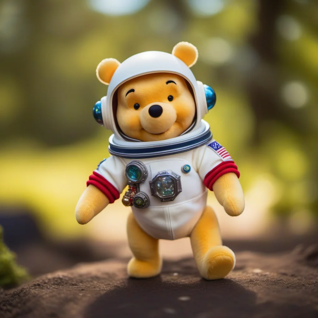 cinematic photo a liveaction winnie the pooh wears a spacesuit, honeypot, floating in space <lora:Winnie1024:0.8> . 35mm photograph, film, bokeh, professional, 4k, highly detailed