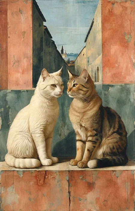 masterpiece,best quality,<lora:tbh194-sdxl:0.9>,illustration,style of Piero della Francesca cute Mainecoon cat and Abyssinian cat