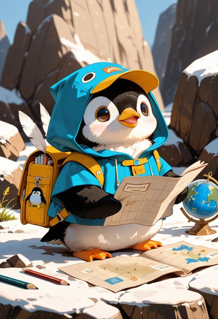 masterpiece, newest, absurdres, incredibly absurdres, best quality, amazing quality, very aesthetic, newest, no lineart, no outline, no humans, animal, A full-body portrait of a cute baby penguin dressed as a little traveler, with fluffy feathers and big round eyes, wearing a miniature hooded cloak and a small explorer's cap. The penguin is holding a large map almost as big as itself, and has a tiny backpack filled with rolled-up maps, pencils, and other exploration tools. A tiny globe-shaped charm dangles from the map. The penguin stands on a rocky surface with a curious and determined expression, ready for an adventure,
depth of field, usnr, S4bit4mago_illu