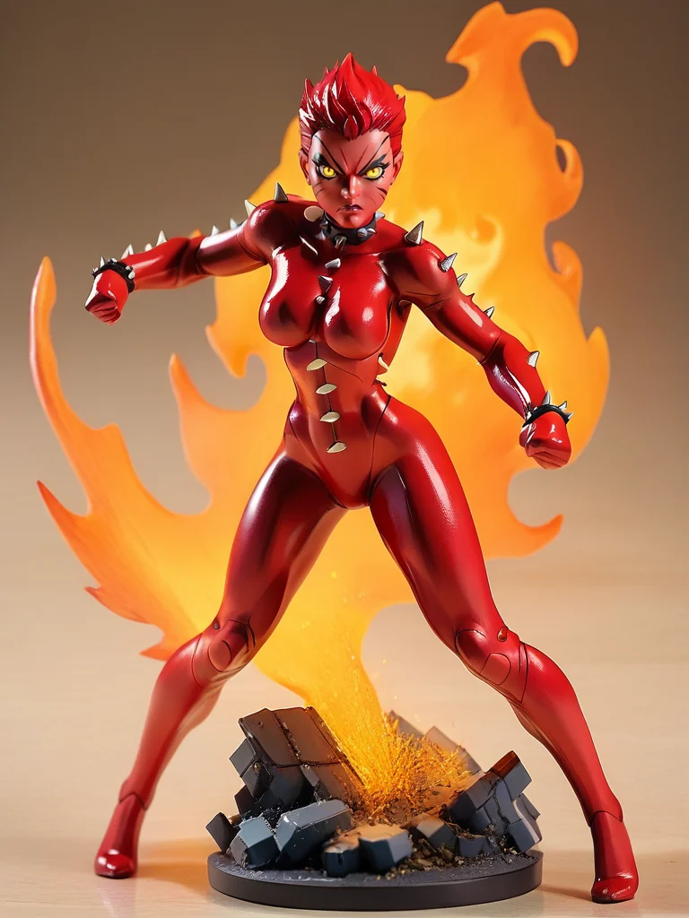 score_9, score_8_up, score_7_up, 1girl, fighting stance, fire around her, destruction, looking at viewer, full body, (dynamic pose:1.1), dynamic angle,
<lora:RachelSummer_character:0.8> RachelSummer, very short hair, yellow eyes, red hair, latex bodysuit, spikes, (facial mark:1.1), makeup, colored skin, red skin, angry, glowing, <lora:Anime_Figure_P1:1> figure