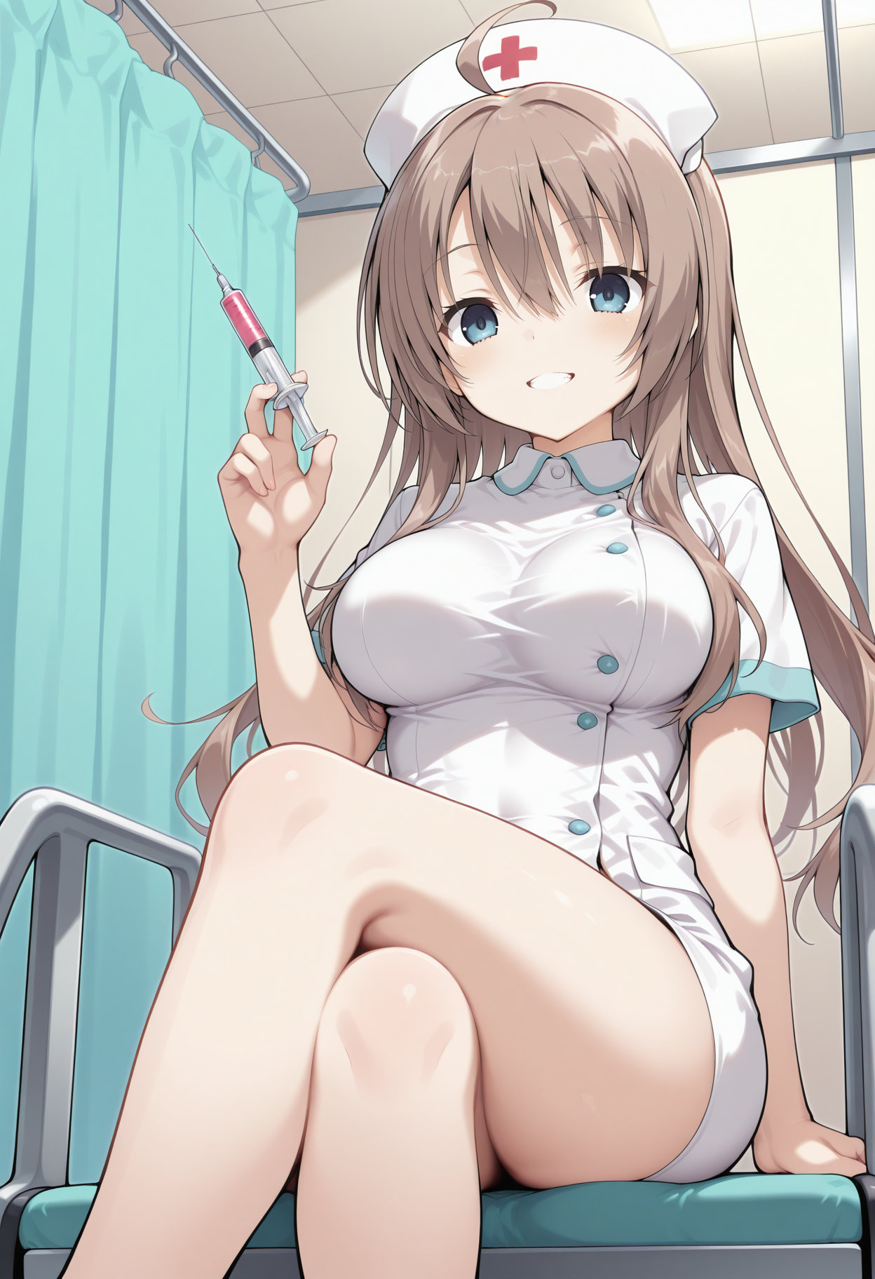 1girl, aatsumugi, long hair, brown hair, ahoge, blue eyes, breasts, <lora:shiiba_tsumugi_ilxl_v1:0.9>, hospital, nurse cap, nurse, holding syringe, grin, crossed legs, sitting,
masterpiece, best quality, amazing quality,