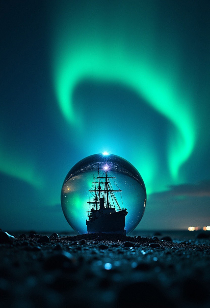 silhouette of a ship against a backdrop of black mountains rising to meet the northern lights, multicolored glow coming inside crystal ball, cinematic, night, realism, hyper-detailing, sharp focus, professional photoshoot, chiaroscuro lighting, intricate details
