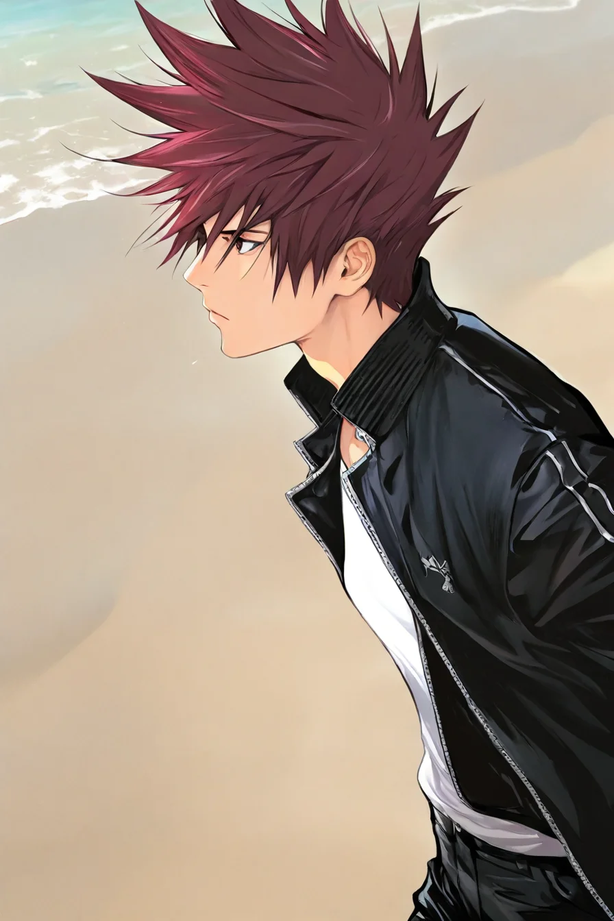 black jacket, white shirt, black pants, spiked hair, beach, sand ,sea, 1boy, solo, alone, upper body, <lora:oh_great_style_illustriousXL:1>, oh_great_style, masterpiece, highres