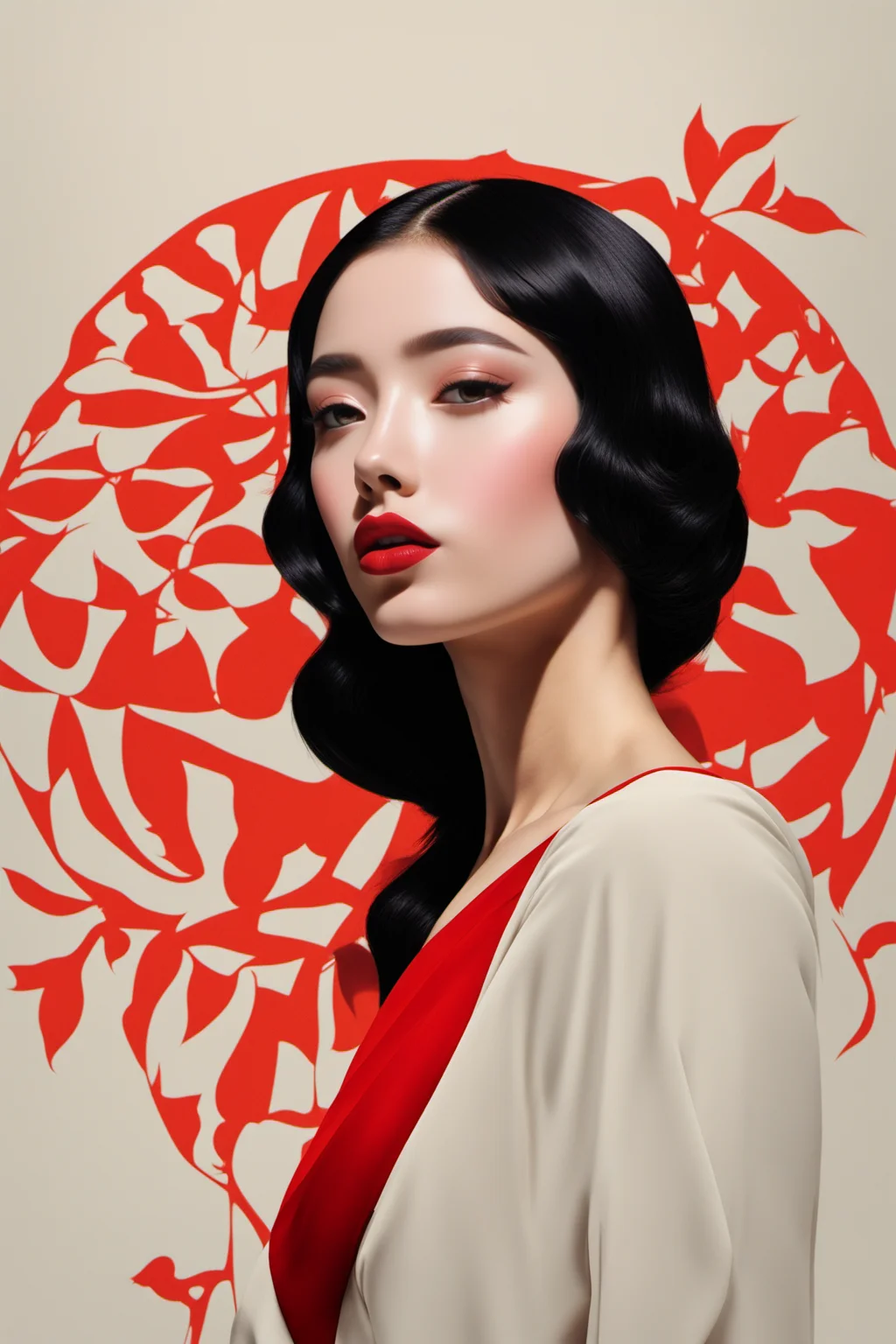 <lora:tj:0.8>,tj,1girl,solo,black hair,makeup,red lips,lipstick,simple background,lips,flat color,closed mouth,absurdres,delicate skin,long hair,look straight into the camera,upper body,
