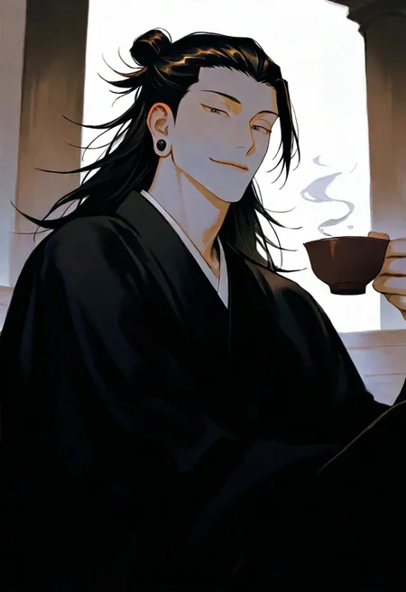1boy, black hair, beautiful, {{detailed eyes}}, {long hair|man bun} \(hairstyle\), black top, muted colors, {{detailed face}}, semi-realistic painting, {{aesthetic}}, {{{best quality}}}, stunning, soft features, looking at viewer, wide angle, dark, {confident|playful} \(expression\), sitting, in the temple, drinking traditonal japanese tea, getou suguru, male focus, ear piercing, black kimono <lora:DetailedEyes_V3:1>