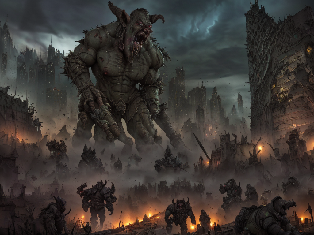 cityscape, <lora:Wasteland:0.66> Wasteland, the, and, with, wasteland, background, (darkness) , (at night) , 
, architecture, city of a landscape of a (a horde of orc in front of modern cityscape:1.3) , Summer, ornate, (overwhelming:1.2) , (high details:1.0) , (Photorealistic:1.2) , subsurface scattering, (detailed background visible:1.2) , (crafted style) (detailed hyperrealism) , (At heart composition) , (captivating photograph:1.2)